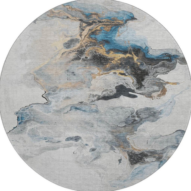 8' Gray Blue And Copper Abstract Washable Round Rug With UV Protection