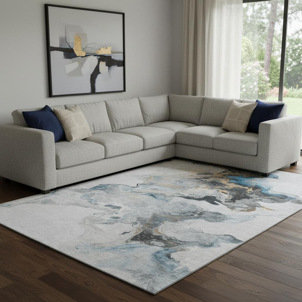8' X 10' Gray Blue And Copper Abstract Washable Area Rug With UV Protection