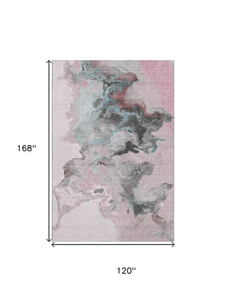 10' X 14' Pink Blue And Silver Abstract Washable Area Rug With UV Protection