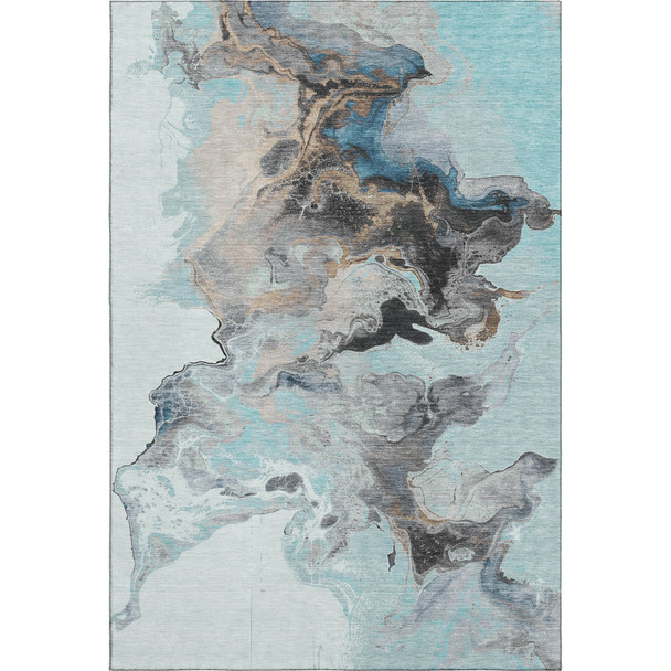 5' X 8' Teal Silver And Beige Abstract Washable Area Rug With UV Protection