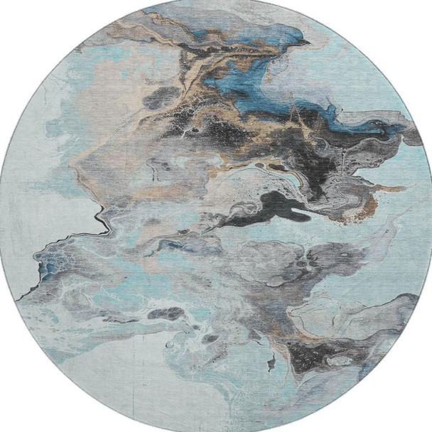 8' Teal Silver And Beige Abstract Washable Round Rug With UV Protection