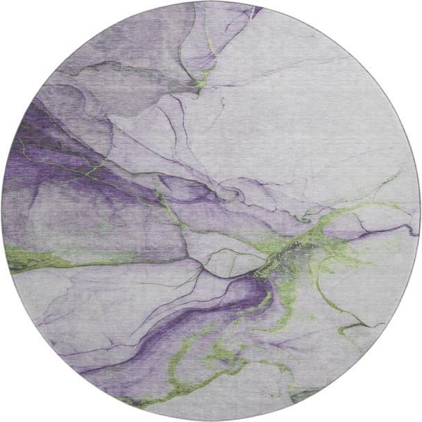 8' Purple Green And Ivory Abstract Washable Round Rug With UV Protection