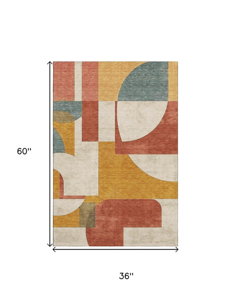 3' X 5' Coral Gold And Ivory Abstract Geometric Washable Area Rug With UV Protection