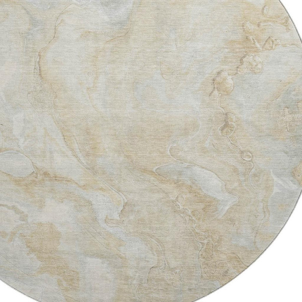 8' Beige Tan And Ivory Abstract Washable Round Rug With UV Protection