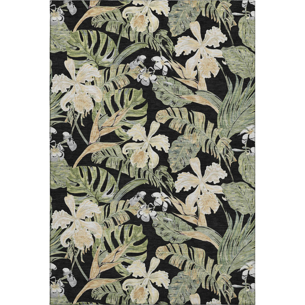 9' X 12' Black Green And Beige Floral Washable Area Rug With UV Protection