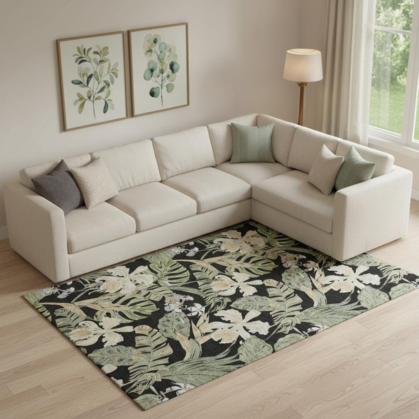 10' X 14' Black Green And Beige Floral Washable Area Rug With UV Protection