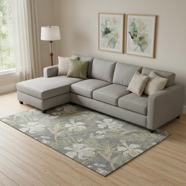 9' X 12' Gray Green And Beige Floral Washable Area Rug With UV Protection