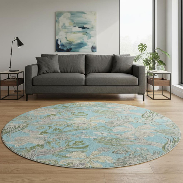 8' Teal Green And Ivory Floral Washable Round Rug With UV Protection
