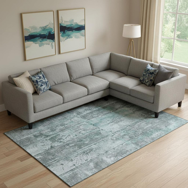 10' X 14' Teal And Gray Striped Washable Area Rug With UV Protection