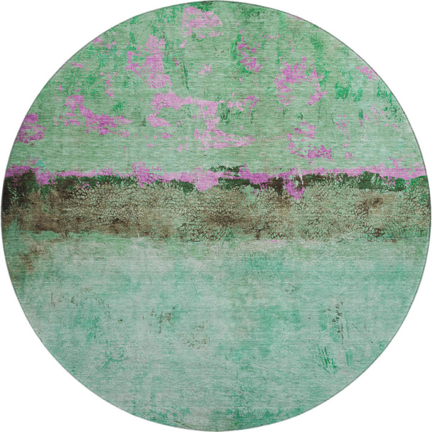 8' Green Teal And Pink Abstract Washable Round Rug With UV Protection