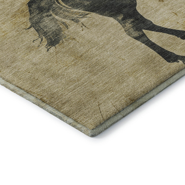8' Gold And Charcoal Animal Print Washable Round Rug With UV Protection