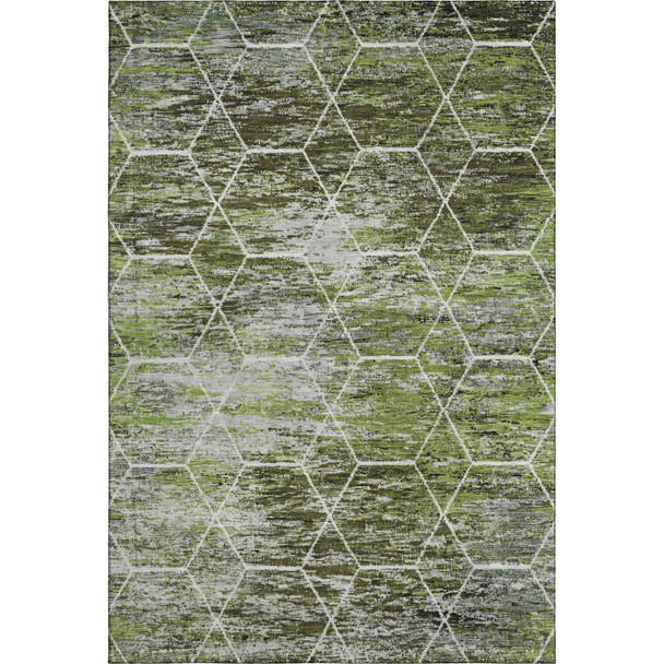 5' X 8' Olive Green Gray And Ivory Geometric Washable Area Rug With UV Protection