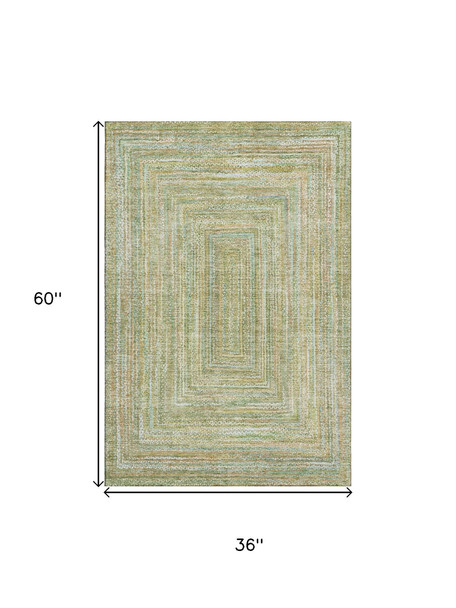 3' X 5' Artichoke Green And Blue Geometric Washable Area Rug With UV Protection