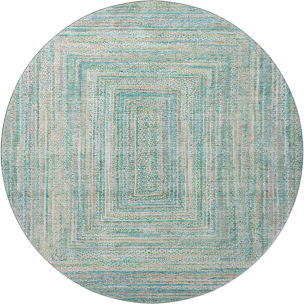 8' Teal And Ivory Geometric Washable Round Rug With UV Protection
