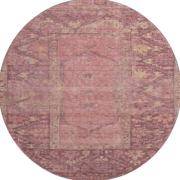 8' Blush And Beige Oriental Washable Round Rug With UV Protection