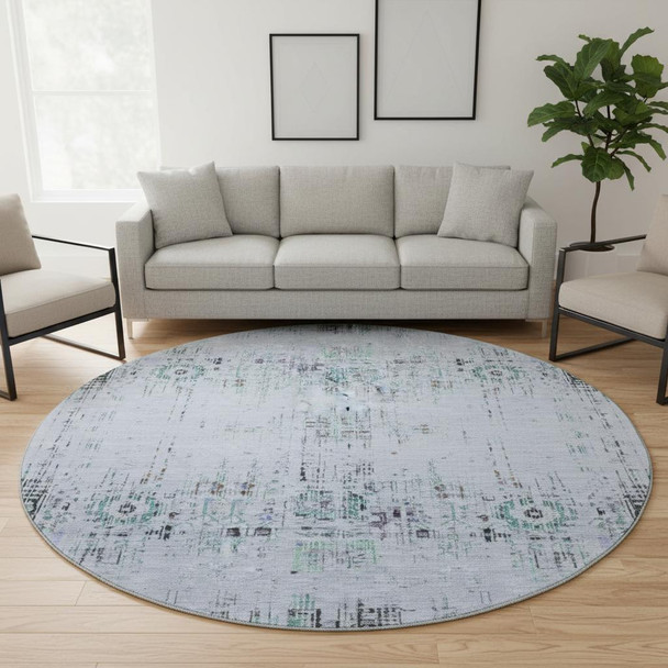 8' Blue Green And Charcoal Oriental Washable Round Rug With UV Protection