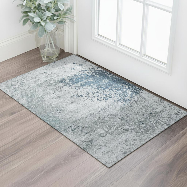 3' X 5' Denim Blue Gray And Sky Blue Abstract Washable Area Rug With UV Protection