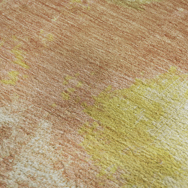 5' X 8' Artichoke Green Gold And Copper Abstract Washable Area Rug With UV Protection