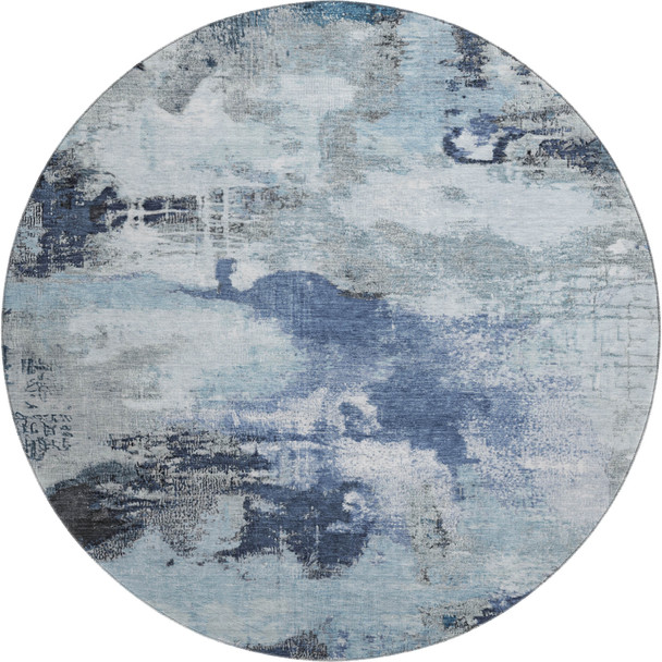 8' Blue Ivory And Gray Abstract Washable Round Rug With UV Protection