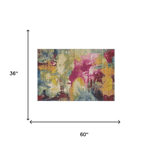 3' X 5' Burgundy Pink And Blue Abstract Washable Area Rug With UV Protection
