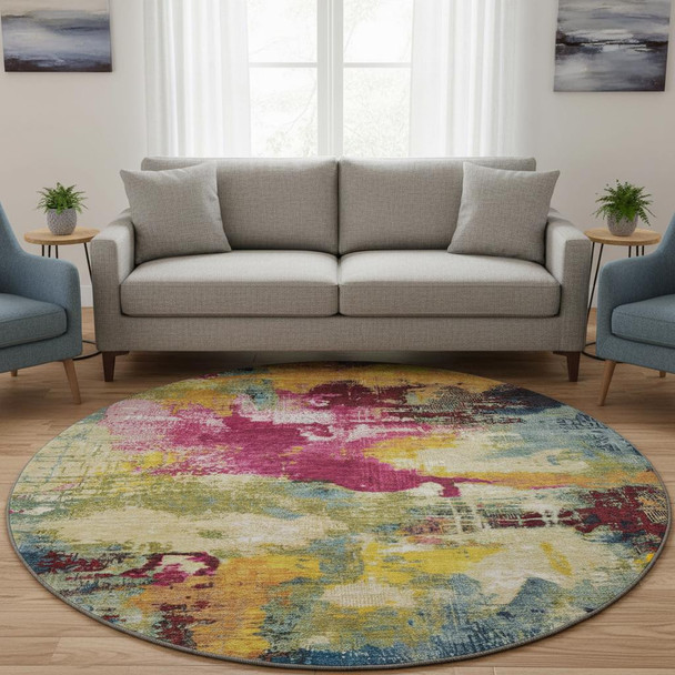 8' Burgundy Pink And Blue Abstract Washable Round Rug With UV Protection
