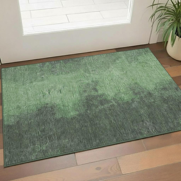 3' X 5' Fern Green And Sage Abstract Washable Area Rug With UV Protection