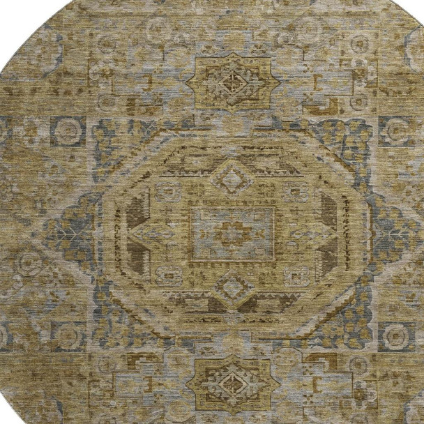 8' Brown And Blue Oriental Washable Round Rug With UV Protection