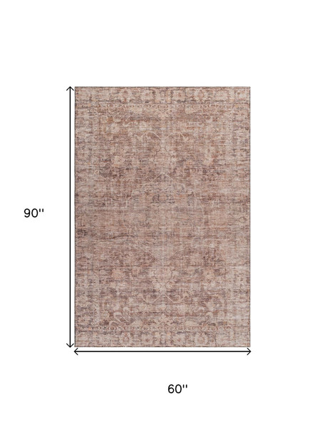 5' X 8' Rust And Beige Oriental Washable Area Rug With UV Protection