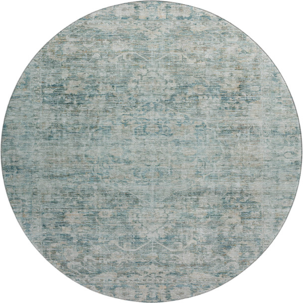 8' Teal And Beige Oriental Washable Round Rug With UV Protection
