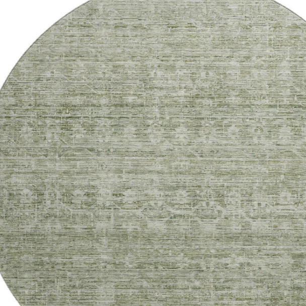 8' Sage And Beige Striped Washable Round Rug With UV Protection