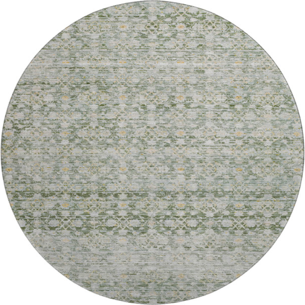 8' Green Gold And Ivory Striped Washable Round Rug With UV Protection