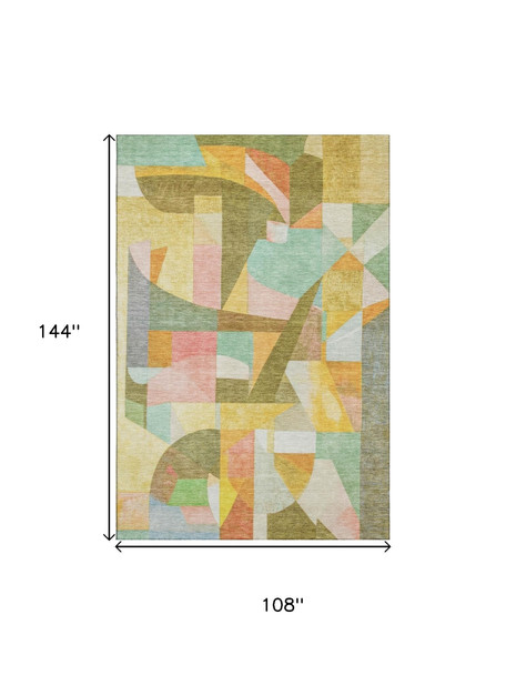 9' X 12' Wheat Pink And Olive Green Abstract Washable Area Rug With UV Protection