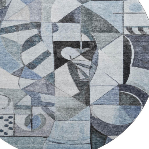 8' Denim Blue Ivory And Gray Abstract Washable Round Rug With UV Protection