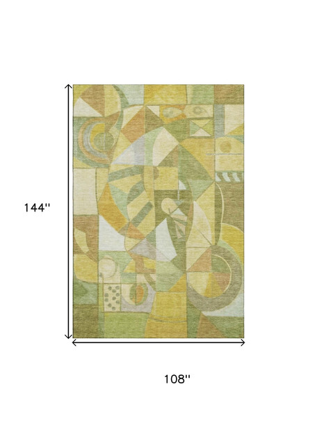 9' X 12' Fern Green Gold And Ivory Abstract Washable Area Rug With UV Protection