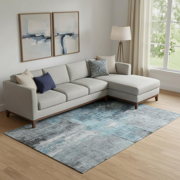 10' X 14' Blue And Gray Abstract Washable Area Rug With UV Protection