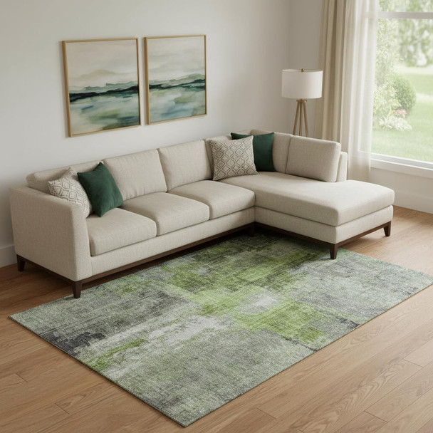 10' X 14' Fern Green And Gray Abstract Washable Area Rug With UV Protection
