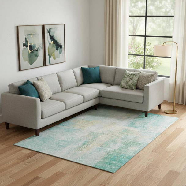 9' X 12' Teal And Ivory Abstract Washable Area Rug With UV Protection