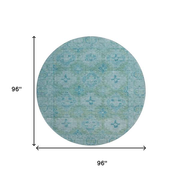 8' Teal And Aqua Oriental Washable Round Rug With UV Protection