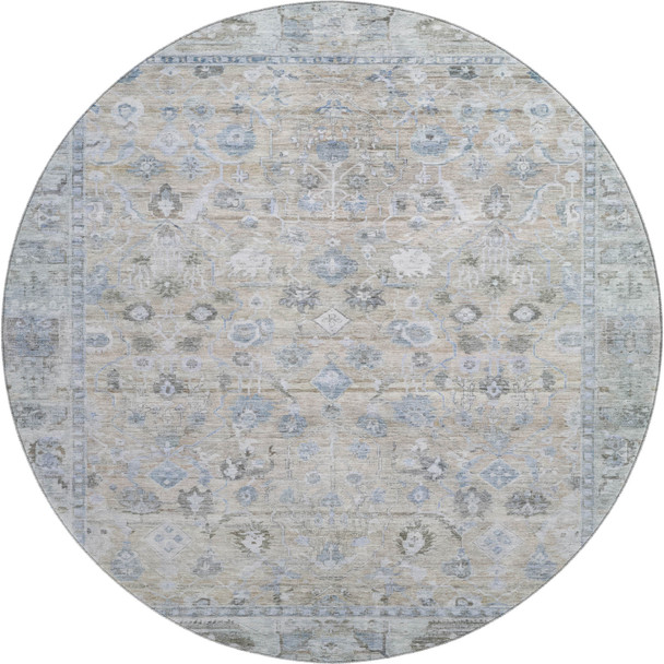 8' Beige And Blue Oriental Washable Round Rug With UV Protection