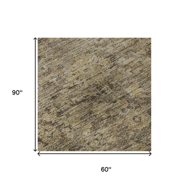 5' X 8' Brown And Beige Oriental Washable Area Rug With UV Protection