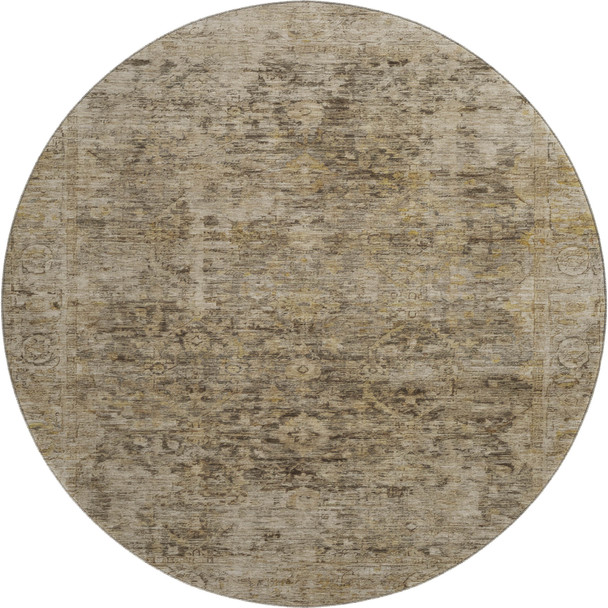 8' Brown And Beige Oriental Washable Round Rug With UV Protection