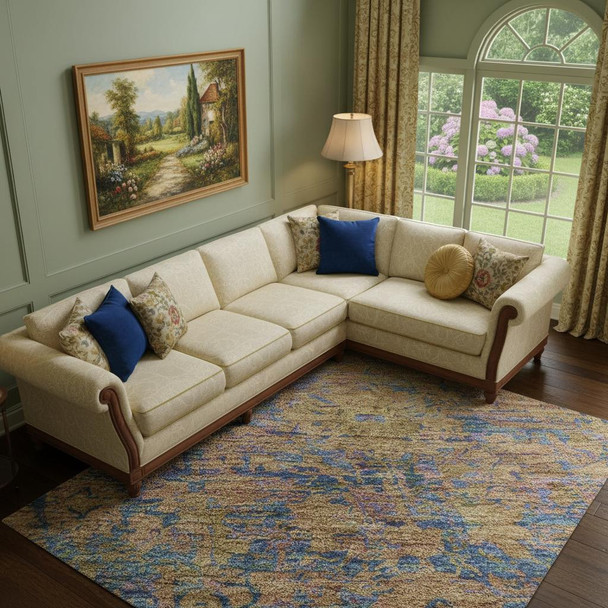 10' X 14' Navy Blue And Gold Oriental Washable Area Rug With UV Protection