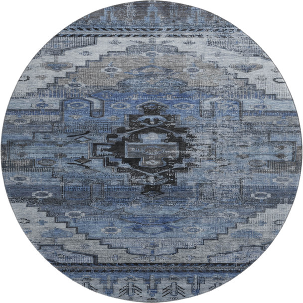 8' Blue Gray And Charcoal Oriental Washable Round Rug With UV Protection