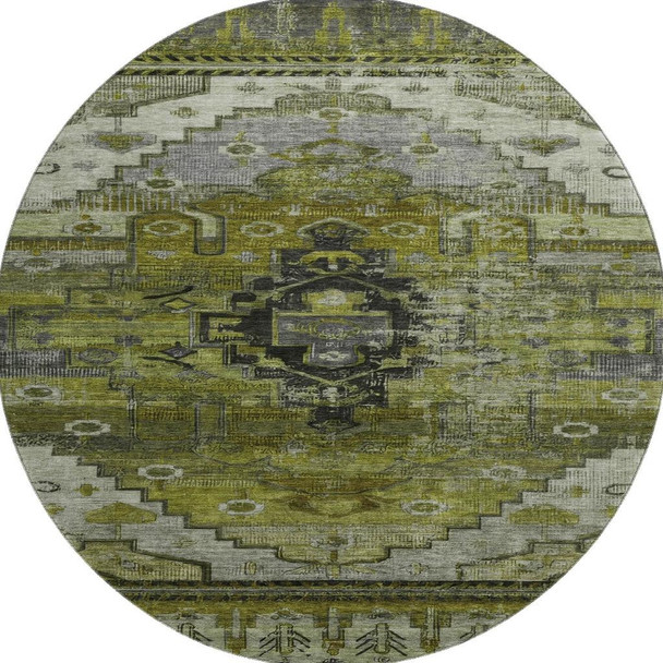 8' Olive Green Gray And Ivory Oriental Washable Round Rug With UV Protection