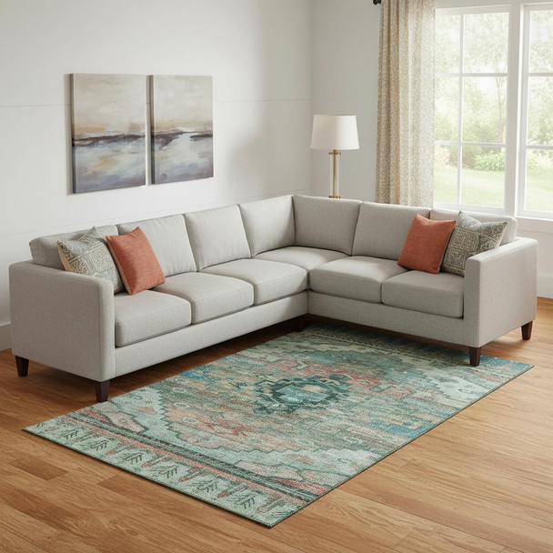 10' X 14' Teal Copper And Gold Oriental Washable Area Rug With UV Protection
