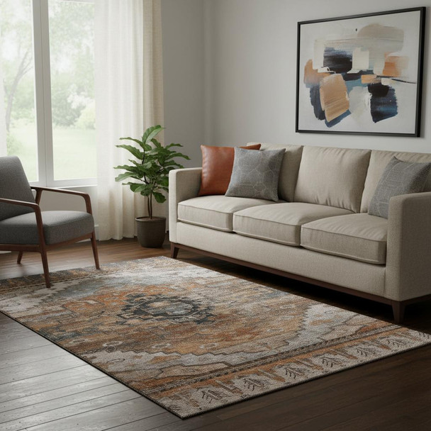 5' X 8' Terra Cotta Gray And Beige Oriental Washable Area Rug With UV Protection