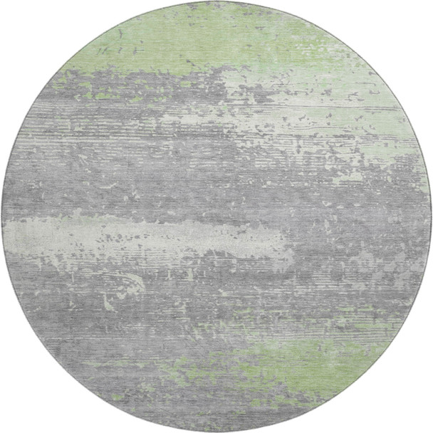 8' Artichoke Green Gray And Silver Abstract Washable Round Rug With UV Protection