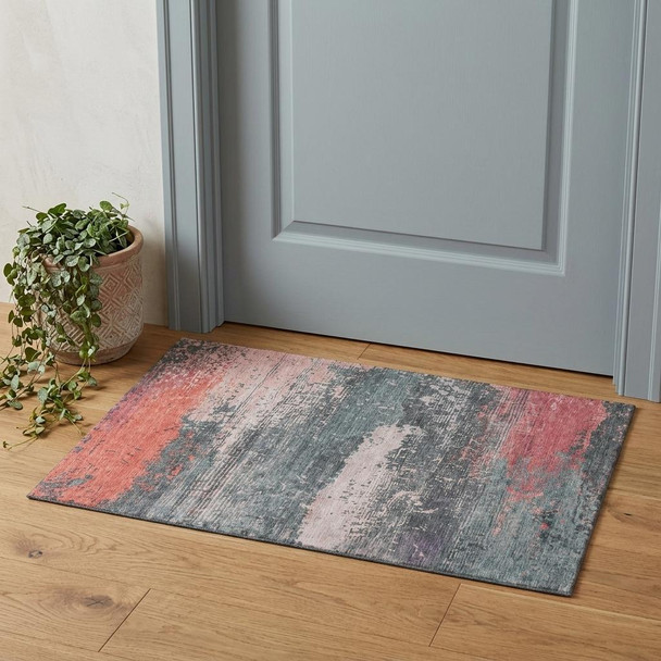 3' X 5' Coral Pink And Gray Abstract Washable Area Rug With UV Protection