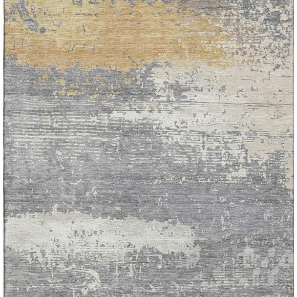 5' X 8' Gold Gray And Ivory Abstract Washable Area Rug With UV Protection