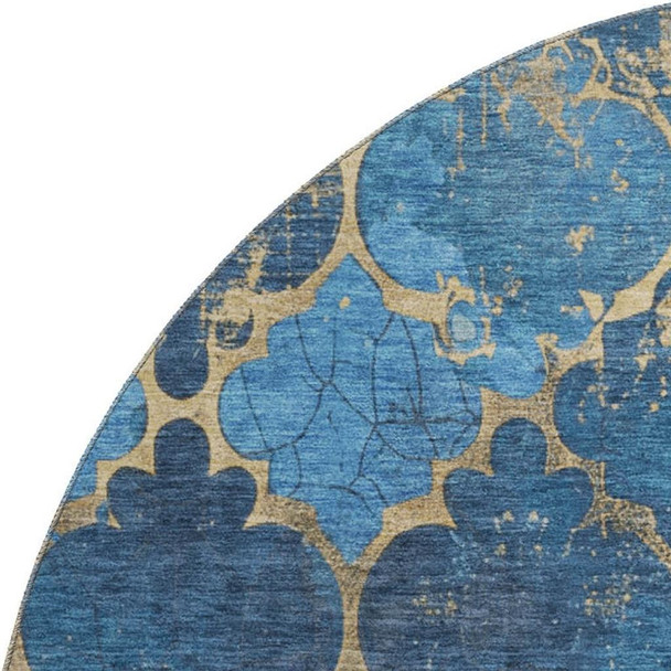 8' Blue And Gold Damask Washable Round Rug With UV Protection